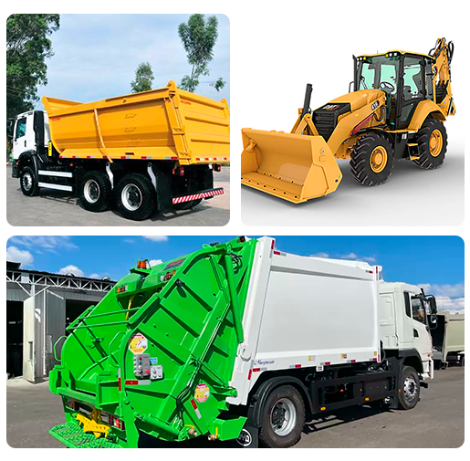Implementos rodoviários e equipamentos pesados atendidos pela Apolinário: caçamba basculante, retroescavadeira e compactador de lixo